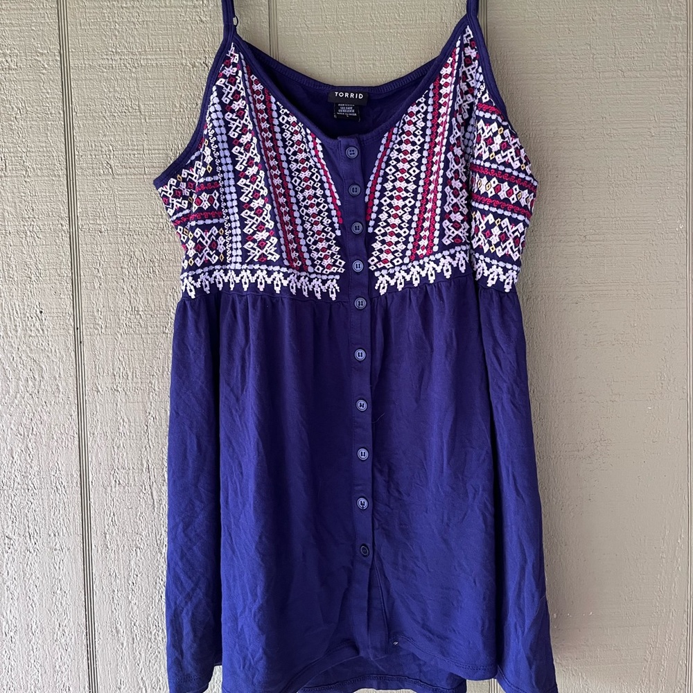 Red white and blue embroidered baby doll style tank with adjustable straps